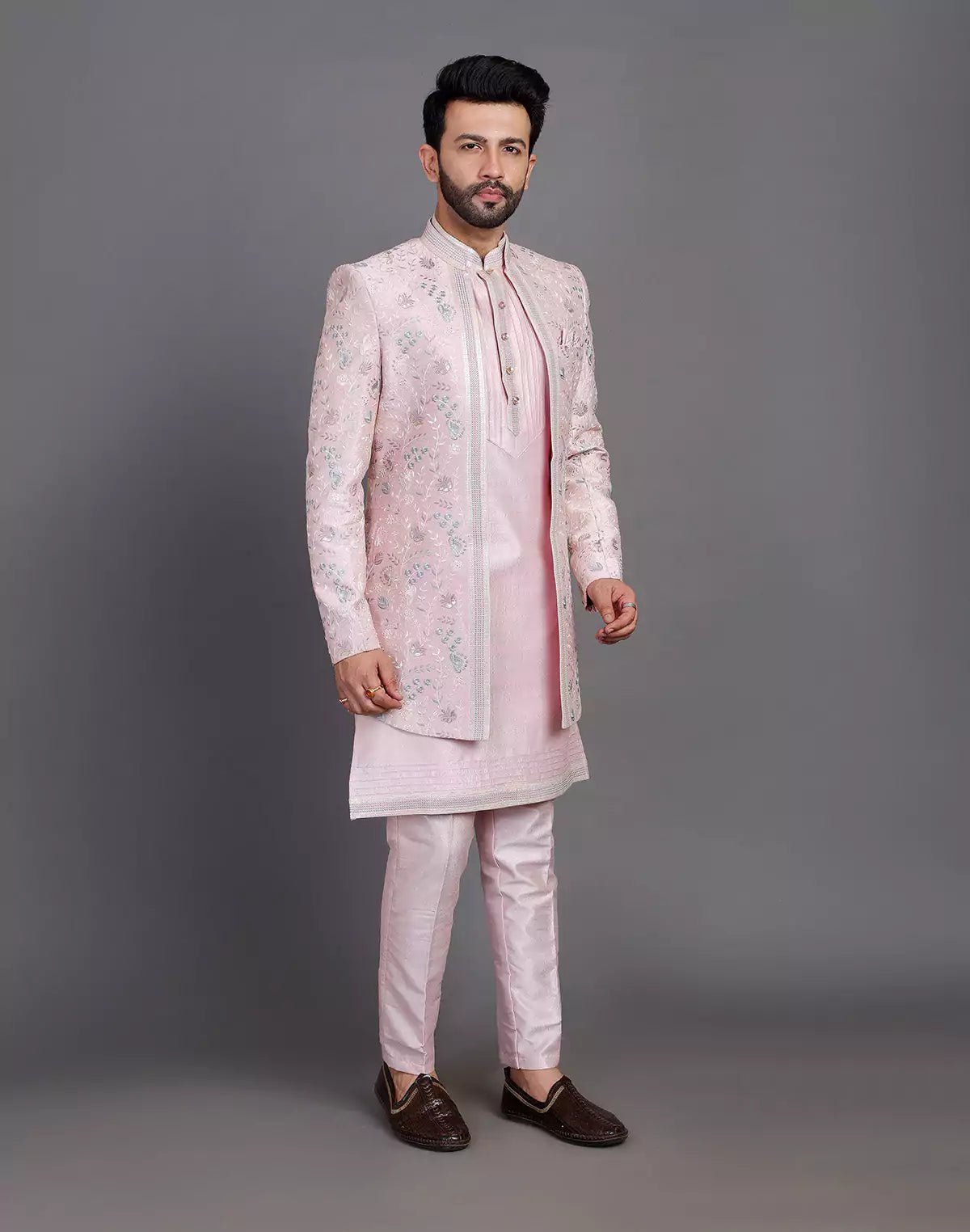 Image of Lilac Coloured Raw Silk Multi Thread Embroidery Work Indo Open Jacket Style - South India Shopping Mall