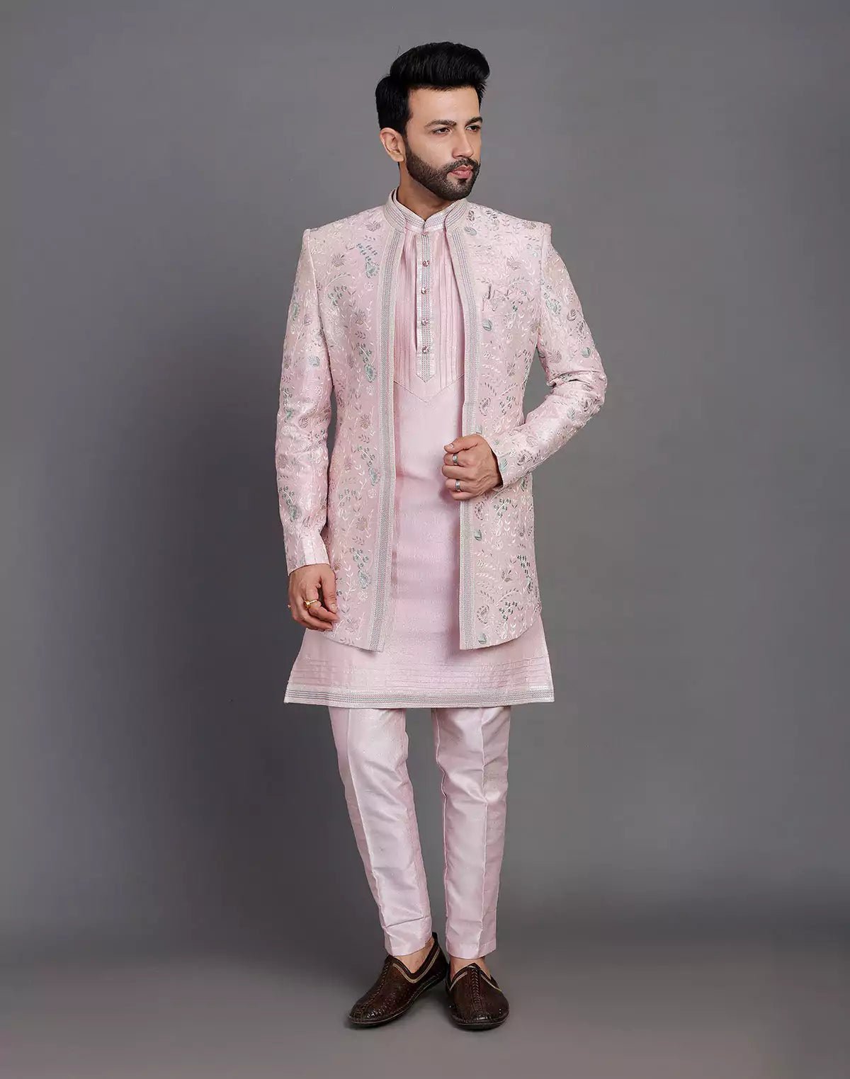 Image of Lilac Coloured Raw Silk Multi Thread Embroidery Work Indo Open Jacket Style - South India Shopping Mall