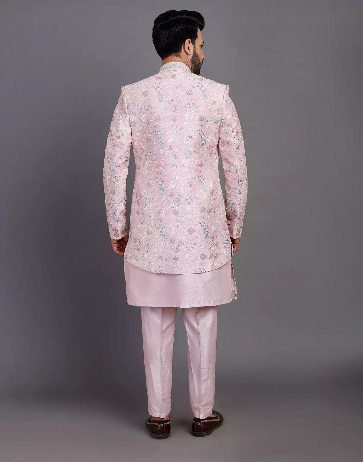 Image of Lilac Coloured Raw Silk Multi Thread Embroidery Work Indo Open Jacket Style - South India Shopping Mall
