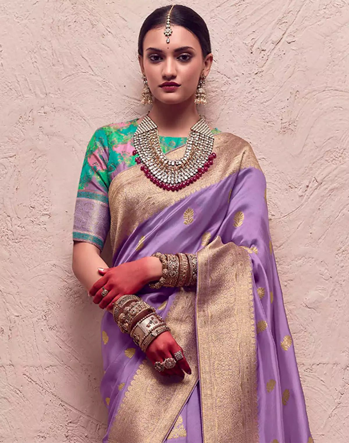 Image of Lilac Purple Banarasi Crepe Dola Silk Saree With Designer Blouse - South India Shopping Mall