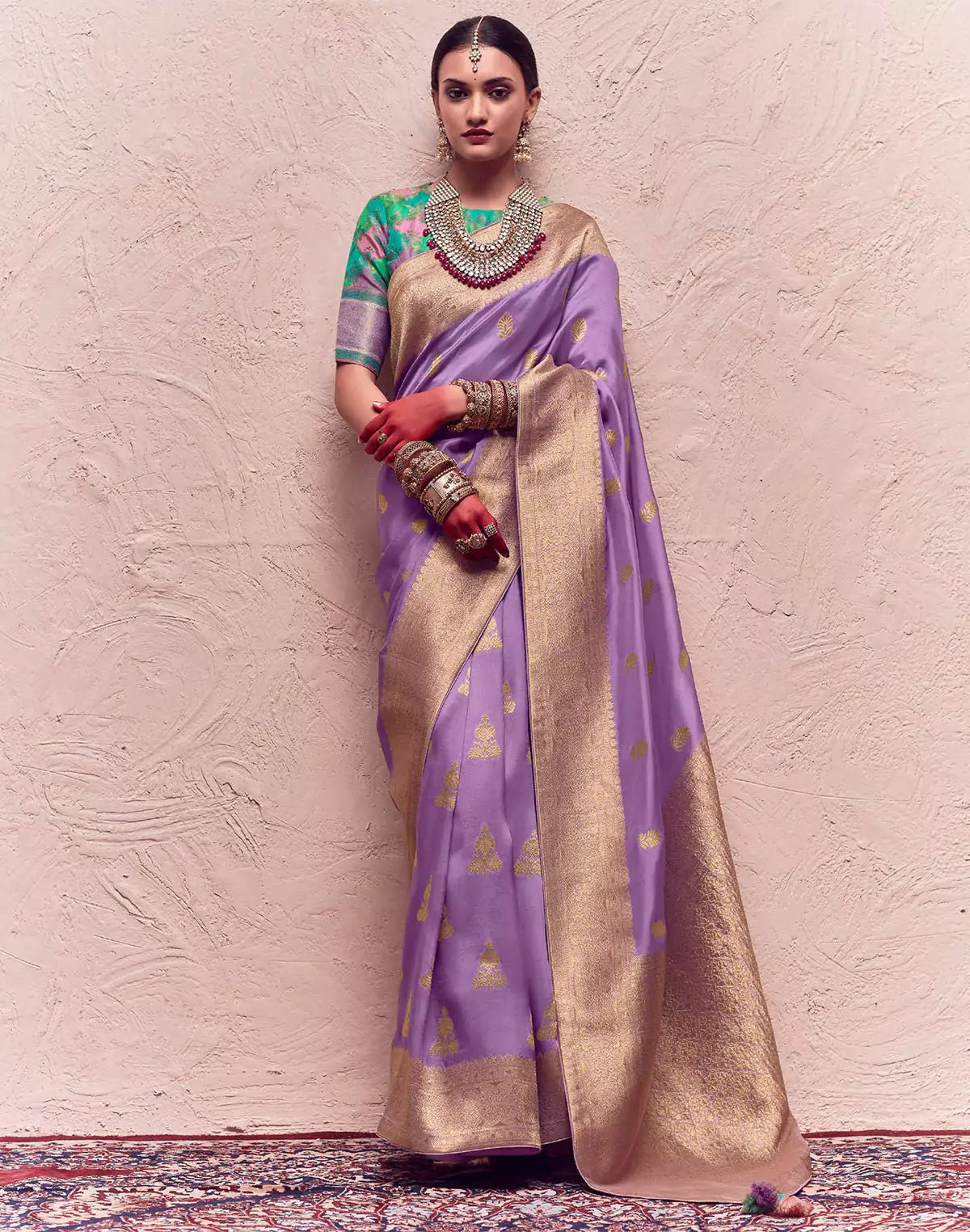 Image of Lilac Purple Banarasi Crepe Dola Silk Saree With Designer Blouse - South India Shopping Mall
