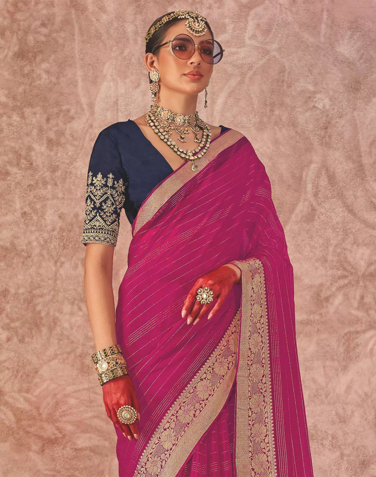 Magenta Chiffon Contrast Saree with Embroidery Blouse - South India Shopping Mall