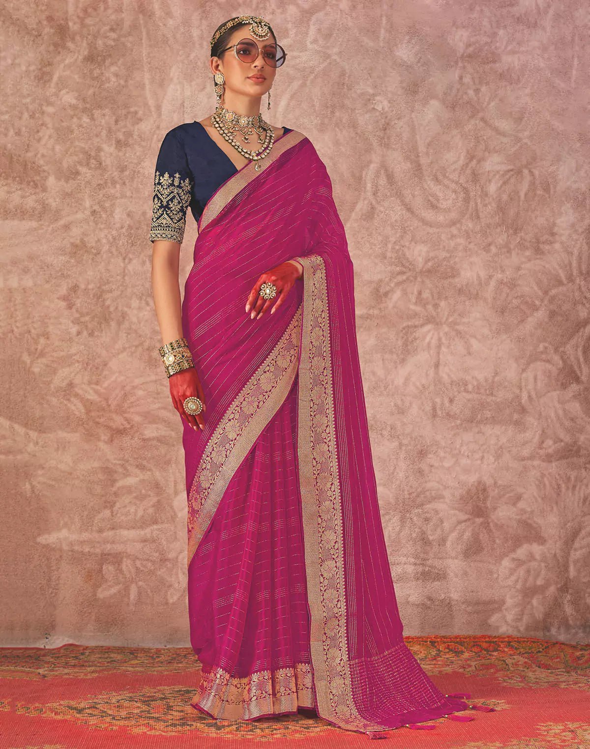 Image of Magenta Chiffon Contrast Saree with Embroidery Blouse - South India Shopping Mall