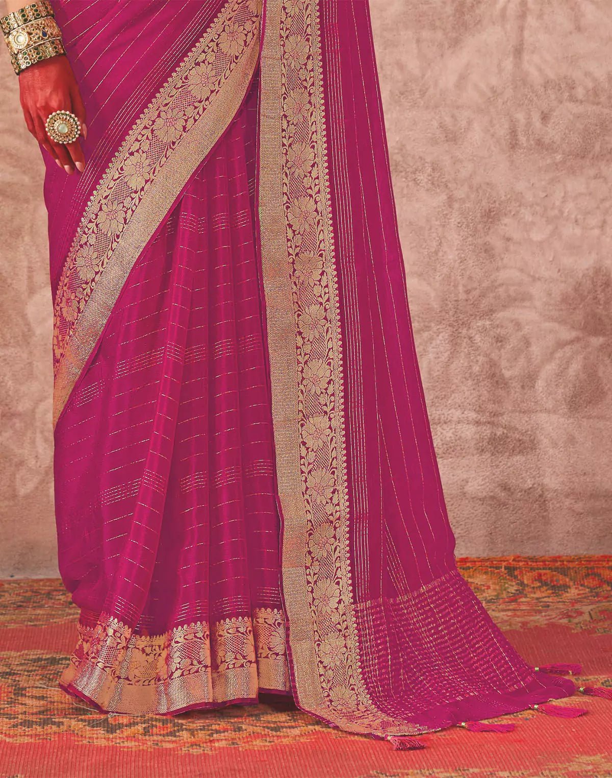 Image of Magenta Chiffon Contrast Saree with Embroidery Blouse - South India Shopping Mall