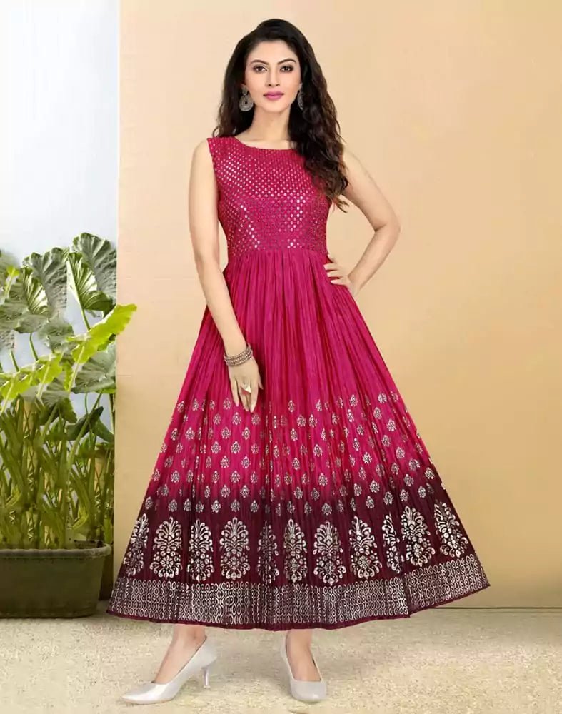 Image of Magenta Coloured Embellished work Silk Fabric Kurti - South India Shopping Mall