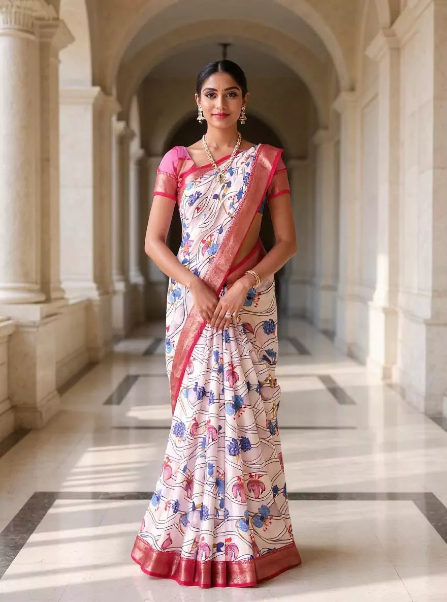 Image of Mangalagiri Dola Silk Floral Bunches Saree with Contrast Blouse - South India Shopping Mall
