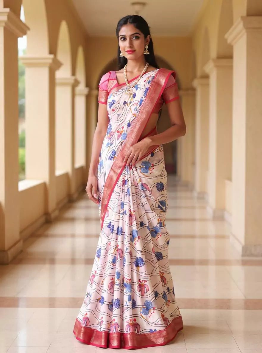 Image of Mangalagiri Dola Silk Floral Bunches Saree with Contrast Blouse - South India Shopping Mall
