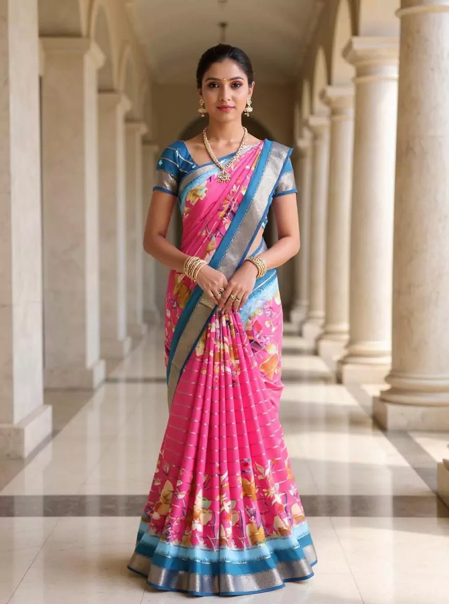 Mangalagiri Dola Silk Light Pink Saree with All Over Floral Print Design - South India Shopping Mall