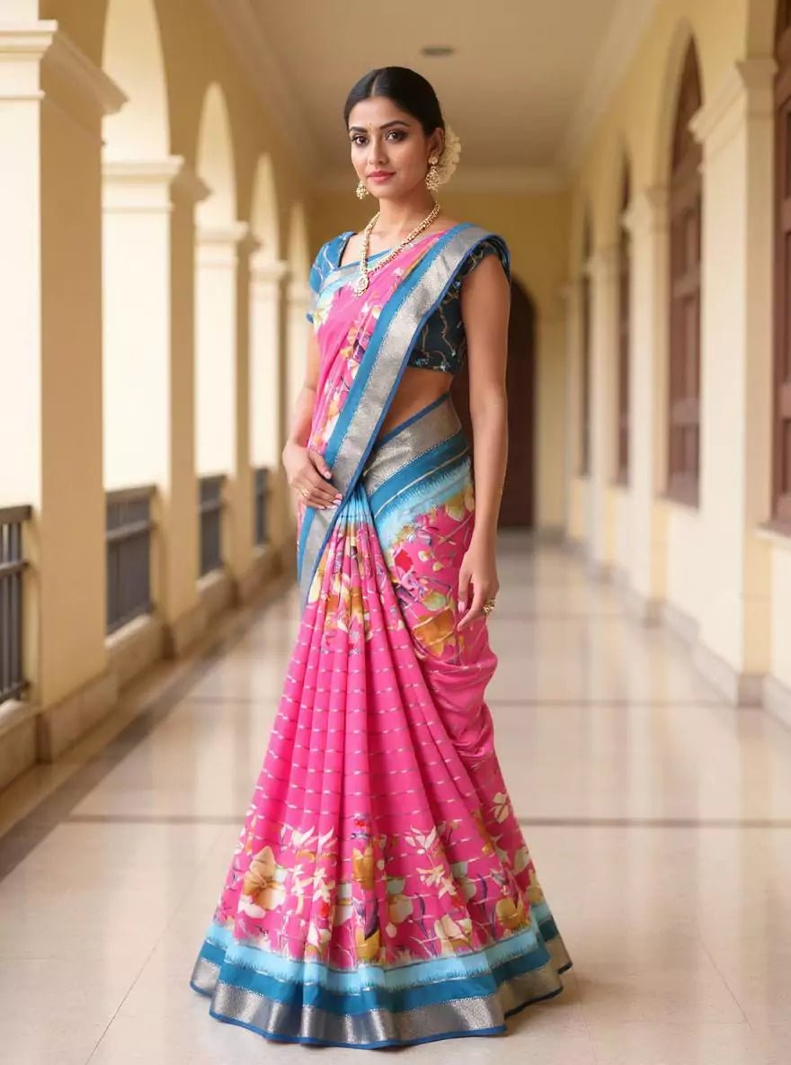 Mangalagiri Dola Silk Light Pink Saree with All Over Floral Print Design - South India Shopping Mall