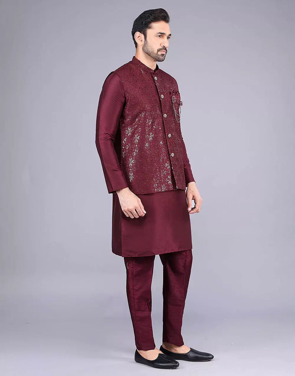 Image of Maroon All Over Heavy Sequence Work Raw Silk Kurta Jacket - South India Shopping Mall