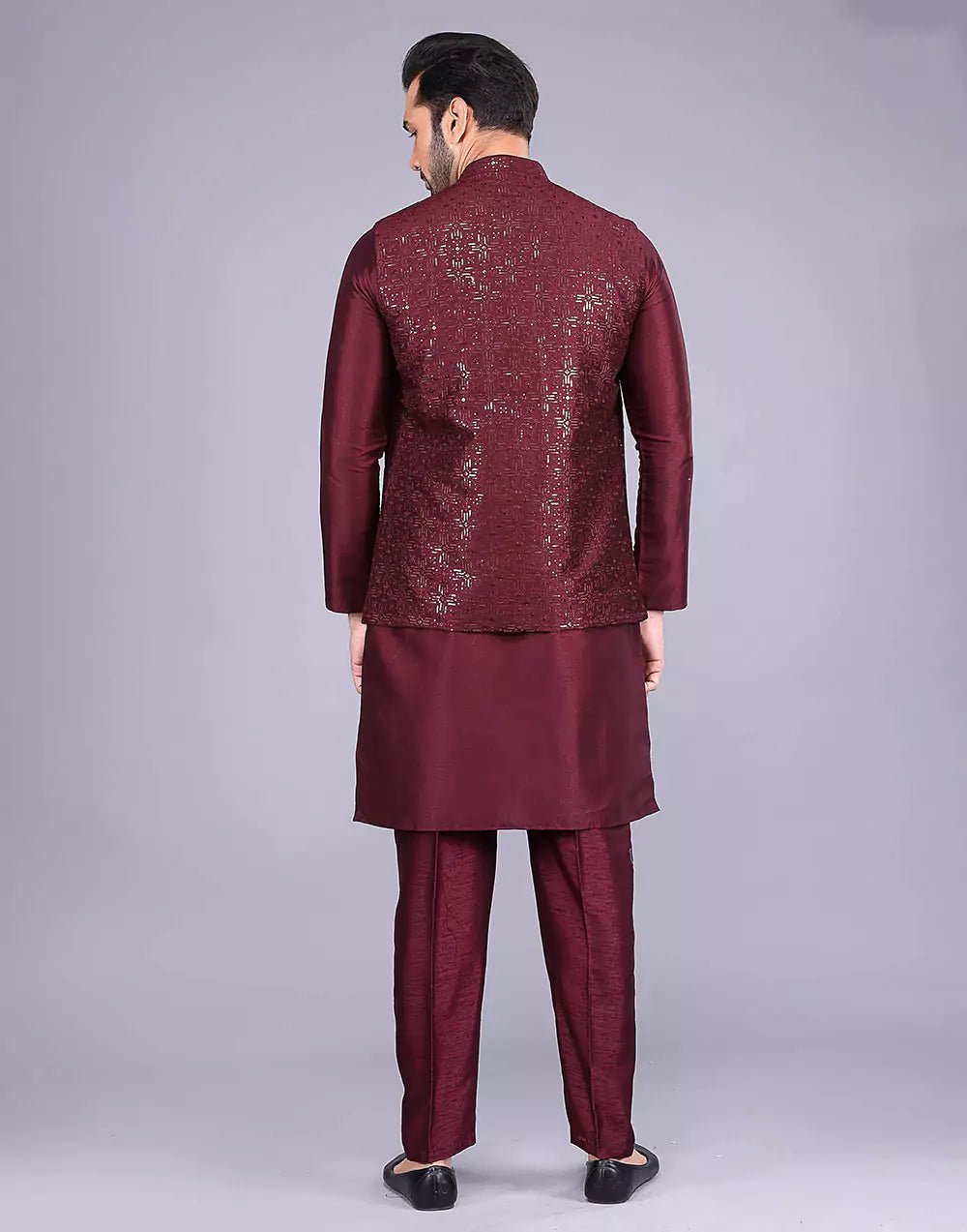 Image of Maroon All Over Heavy Sequence Work Raw Silk Kurta Jacket - South India Shopping Mall