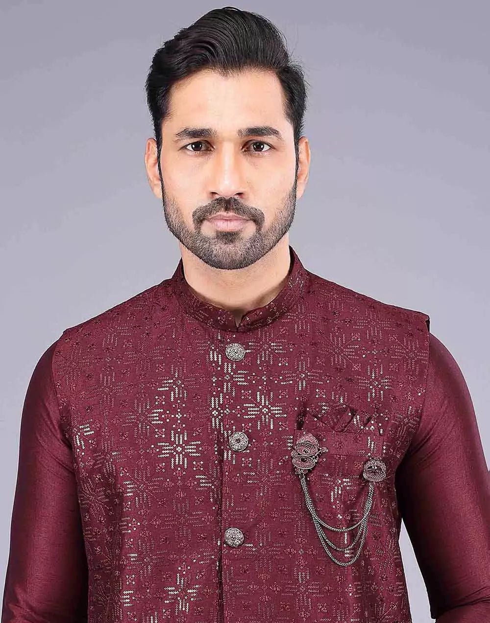 Image of Maroon All Over Heavy Sequence Work Raw Silk Kurta Jacket - South India Shopping Mall