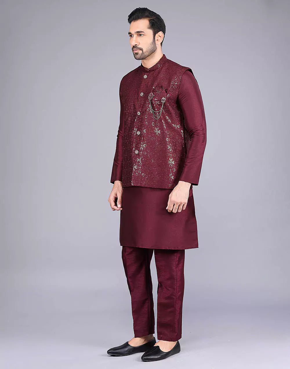 Image of Maroon All Over Heavy Sequence Work Raw Silk Kurta Jacket - South India Shopping Mall
