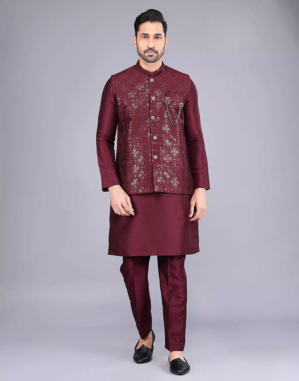 Image of Maroon All Over Heavy Sequence Work Raw Silk Kurta Jacket - South India Shopping Mall