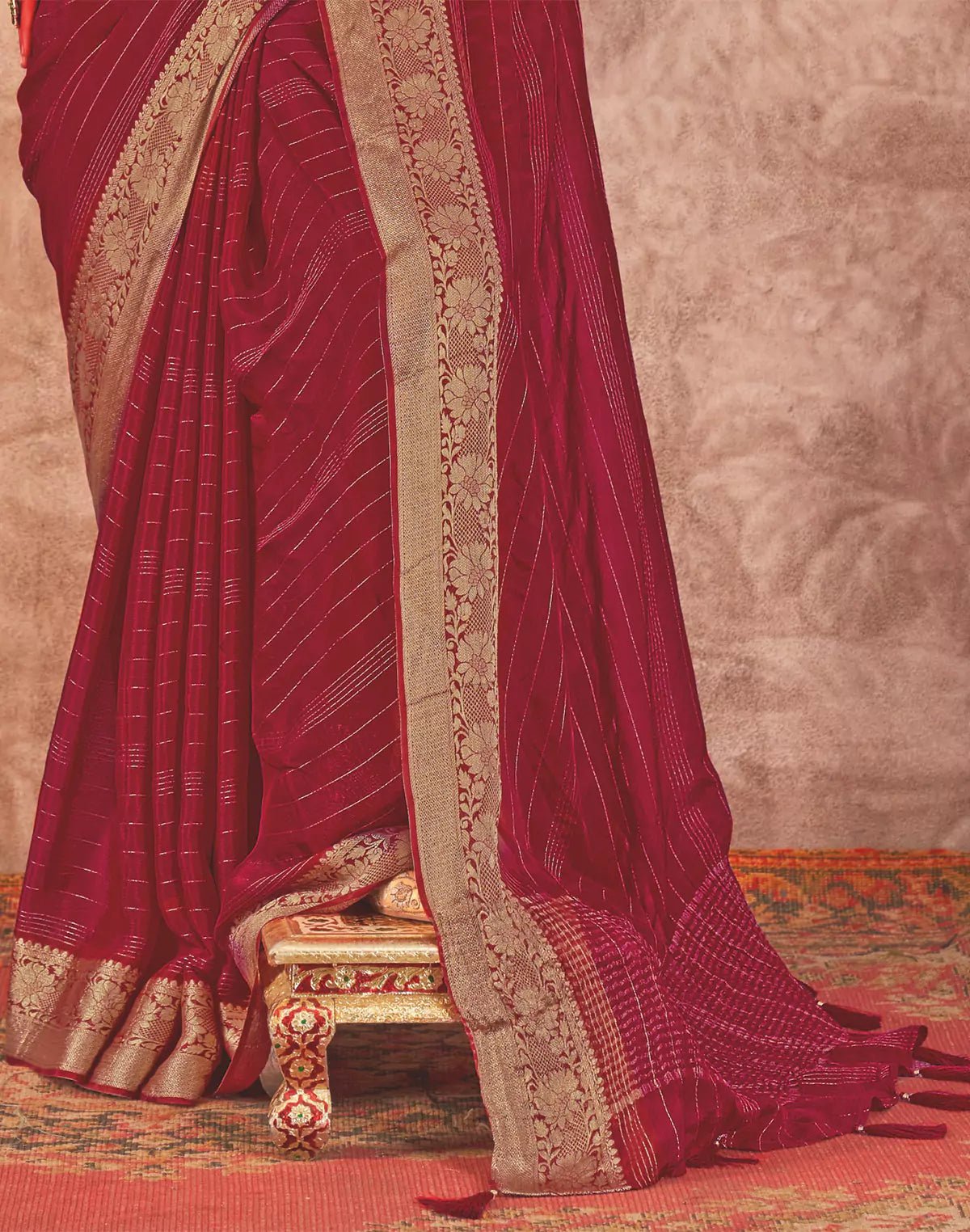 Image of Maroon and Green Contrast Embroidery Blouse Golden Border Saree - South India Shopping Mall