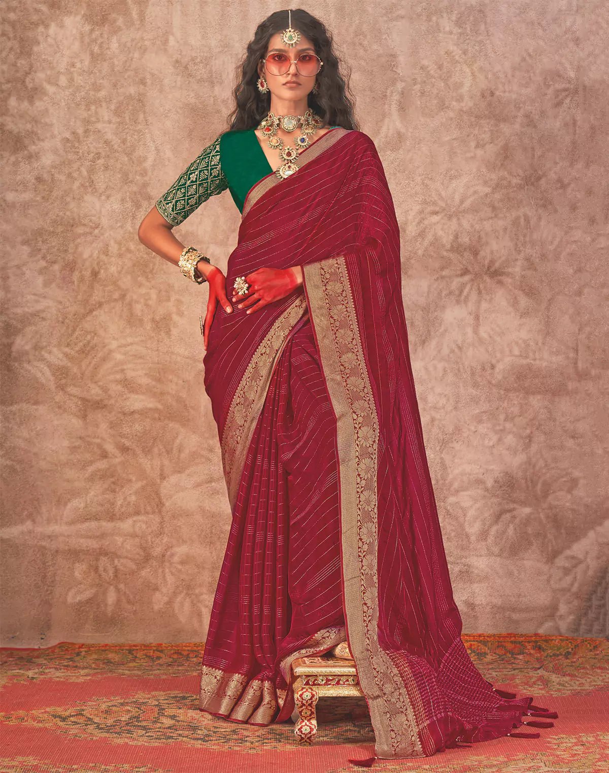 Image of Maroon and Green Contrast Embroidery Blouse Golden Border Saree - South India Shopping Mall