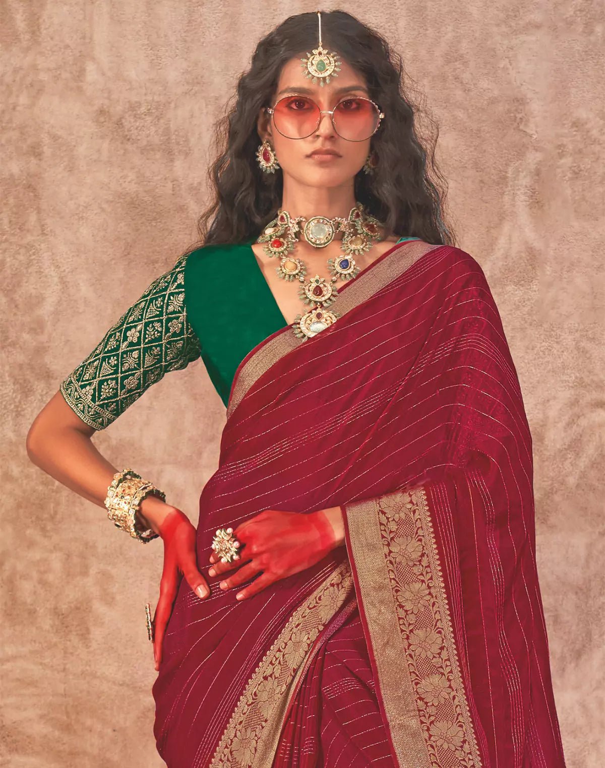 Image of Maroon and Green Contrast Embroidery Blouse Golden Border Saree - South India Shopping Mall