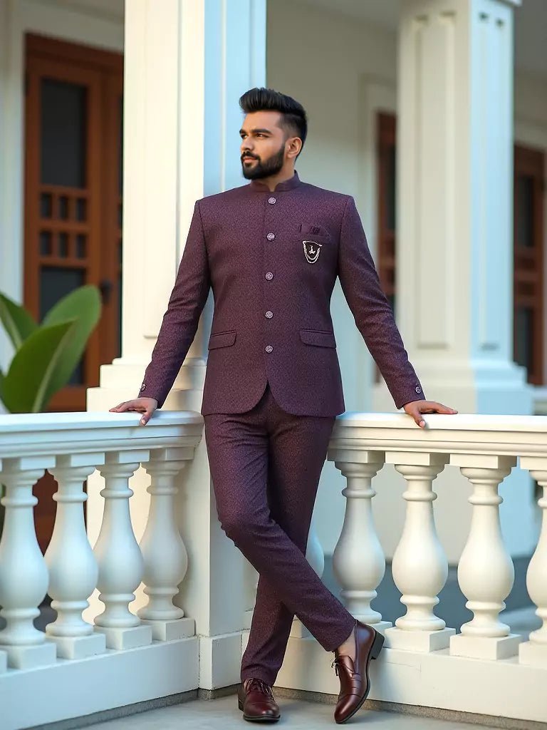 Image of Maroon Coloured Self Weaved Jacquard Bandhgala Suit - South India Shopping Mall