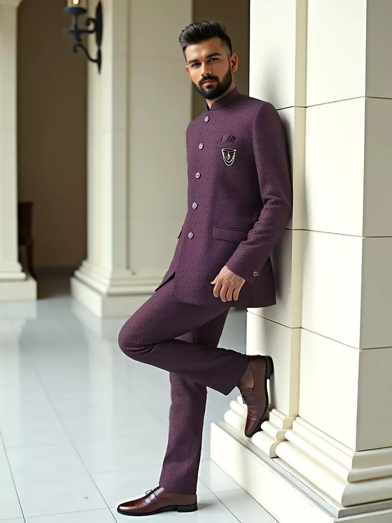 Image of Maroon Coloured Self Weaved Jacquard Bandhgala Suit - South India Shopping Mall