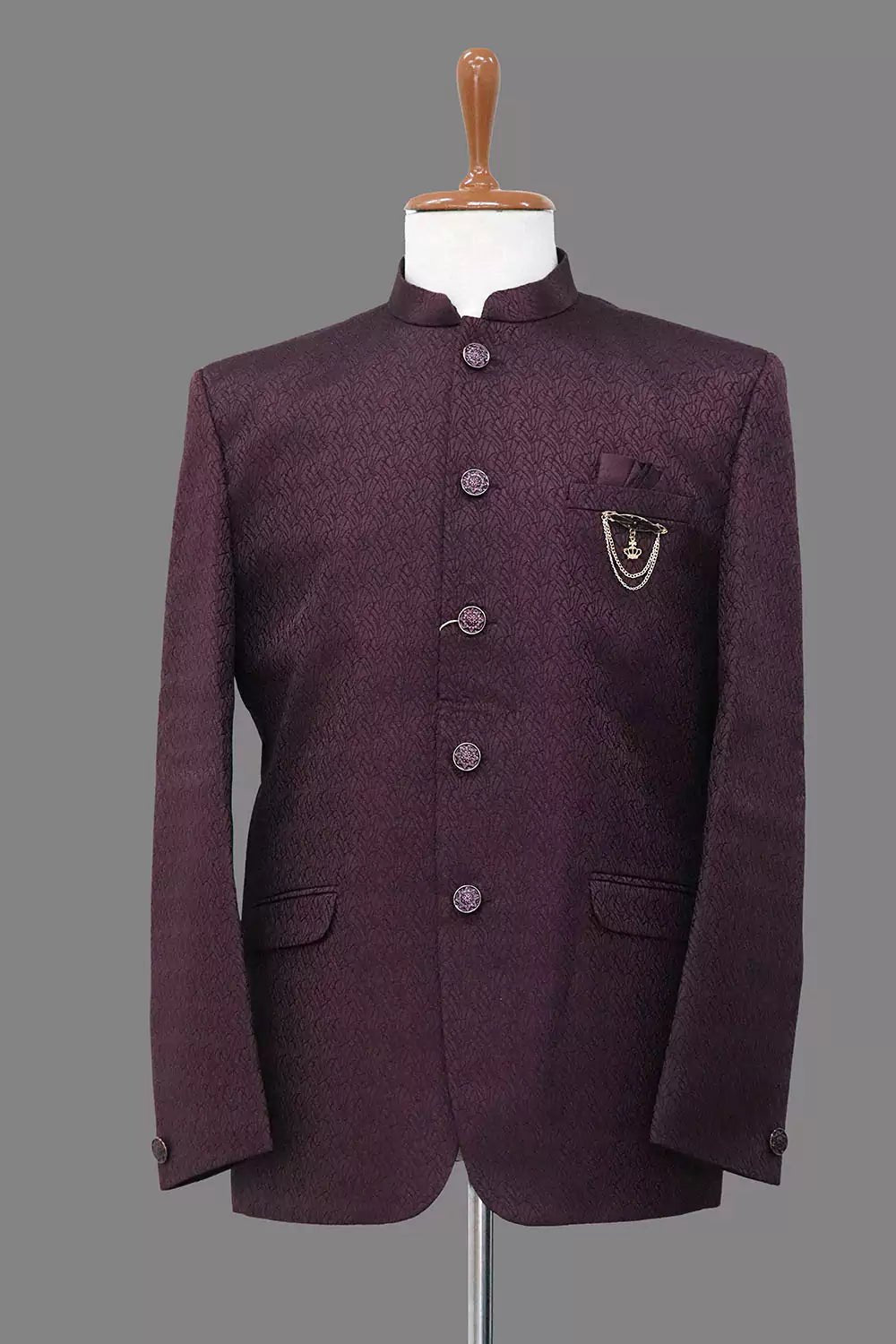 Image of Maroon Coloured Self Weaved Jacquard Bandhgala Suit - South India Shopping Mall