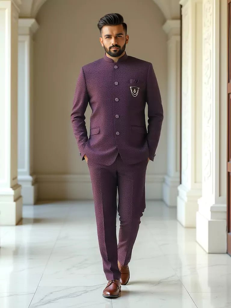 Image of Maroon Coloured Self Weaved Jacquard Bandhgala Suit - South India Shopping Mall
