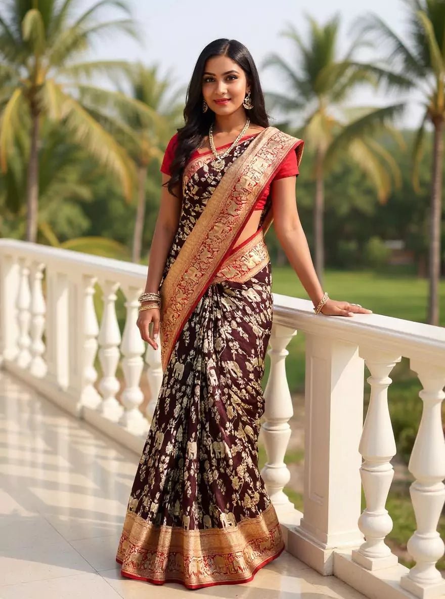 Image of Maroon Floral with Animal Zari Banaras Georgette Saree - South India Shopping Mall