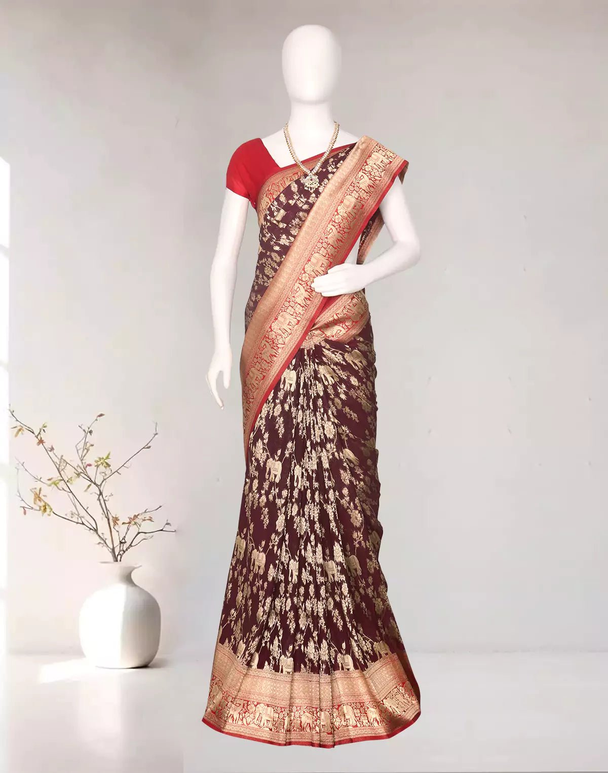 Image of Maroon Floral with Animal Zari Banaras Georgette Saree - South India Shopping Mall