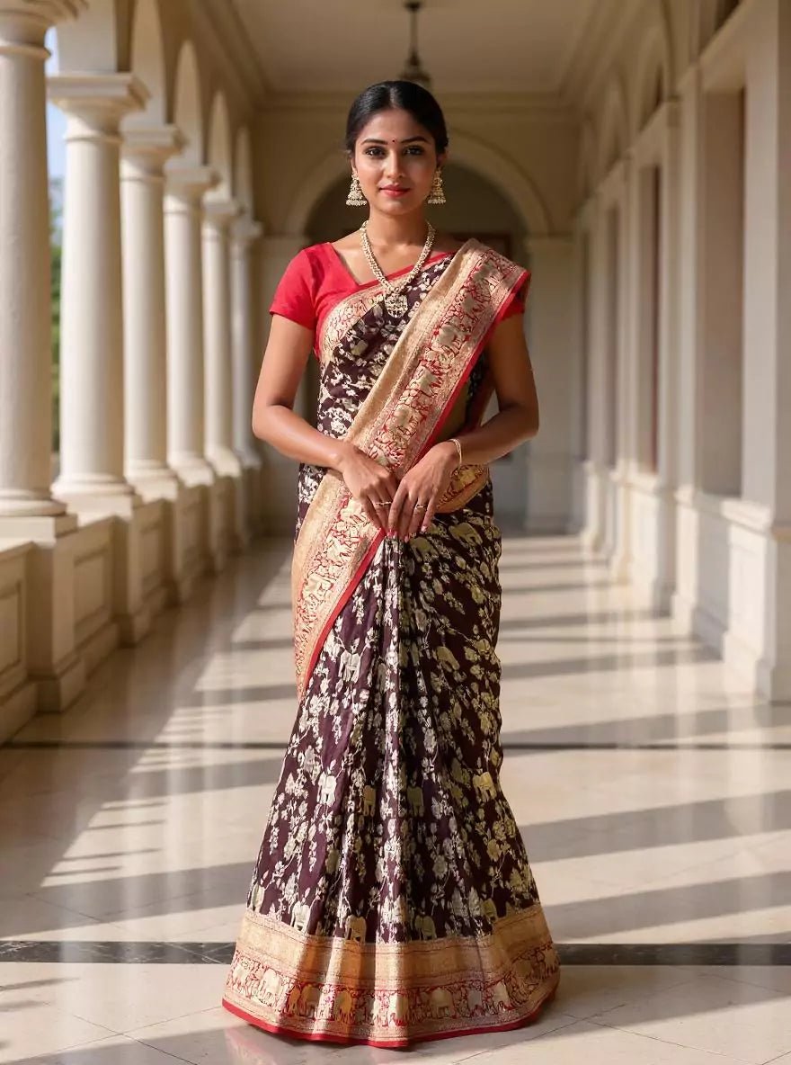 Image of Maroon Floral with Animal Zari Banaras Georgette Saree - South India Shopping Mall