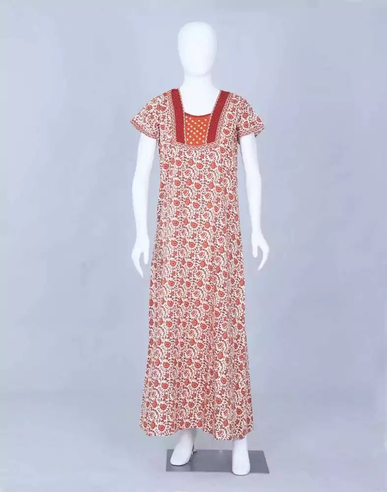 Image of Maroon Paisley Cotton Printed Nighty - South India Shopping Mall