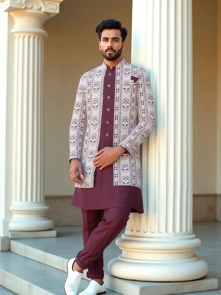 Image of Maroon Polyester Kurta Pajama with Heavy Thread work Men's Jacket - South India Shopping Mall