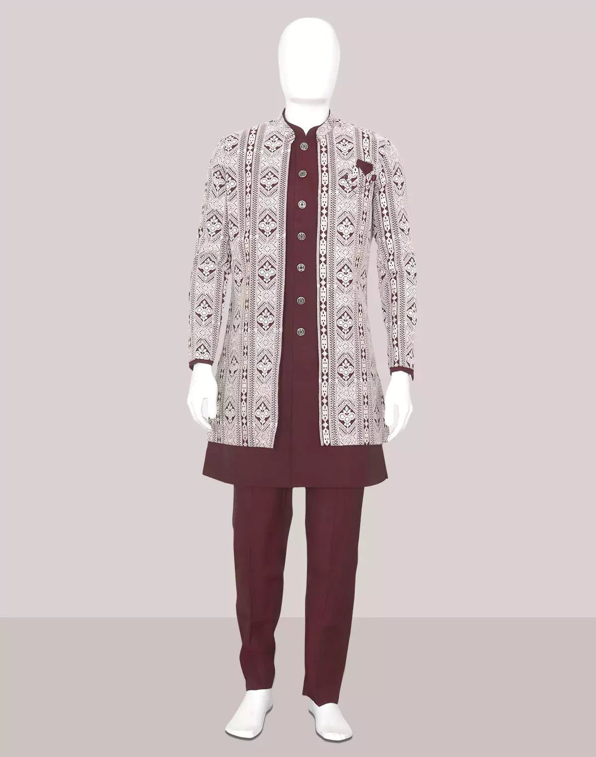 Image of Maroon Polyester Kurta Pajama with Heavy Thread work Men's Jacket - South India Shopping Mall