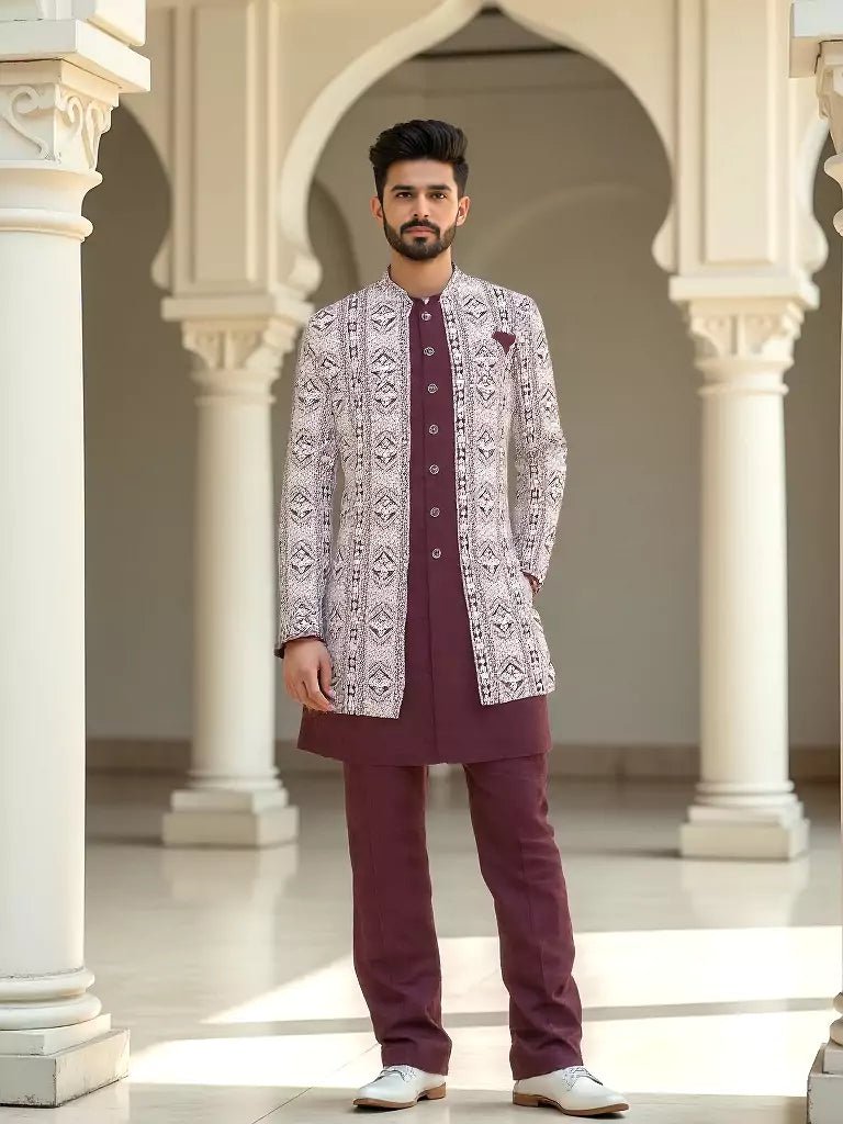 Image of Maroon Polyester Kurta Pajama with Heavy Thread work Men's Jacket - South India Shopping Mall