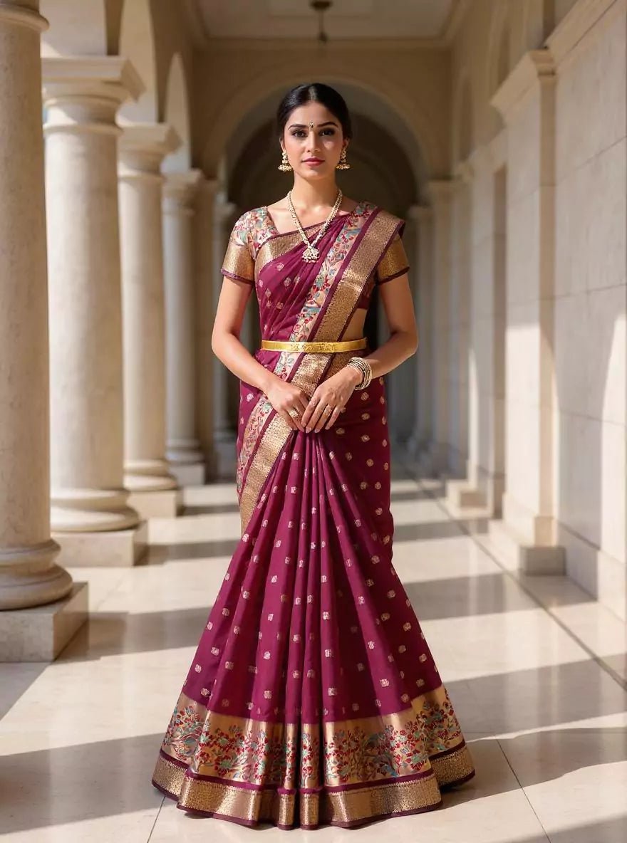 Image of Maroon Raw Self Paisely Butti's Banaras Silk Saree with Meenakari Border - South India Shopping Mall