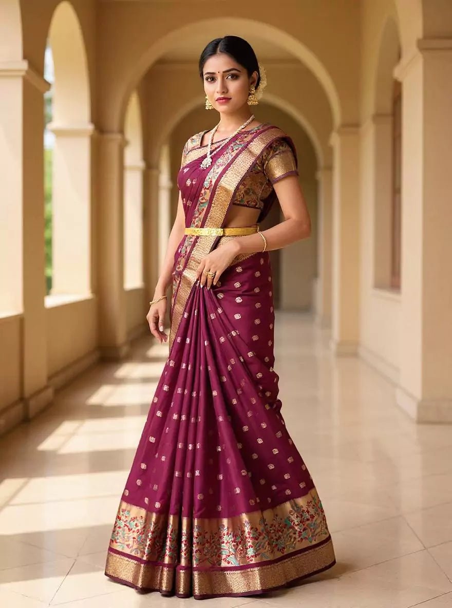 Image of Maroon Raw Self Paisely Butti's Banaras Silk Saree with Meenakari Border - South India Shopping Mall
