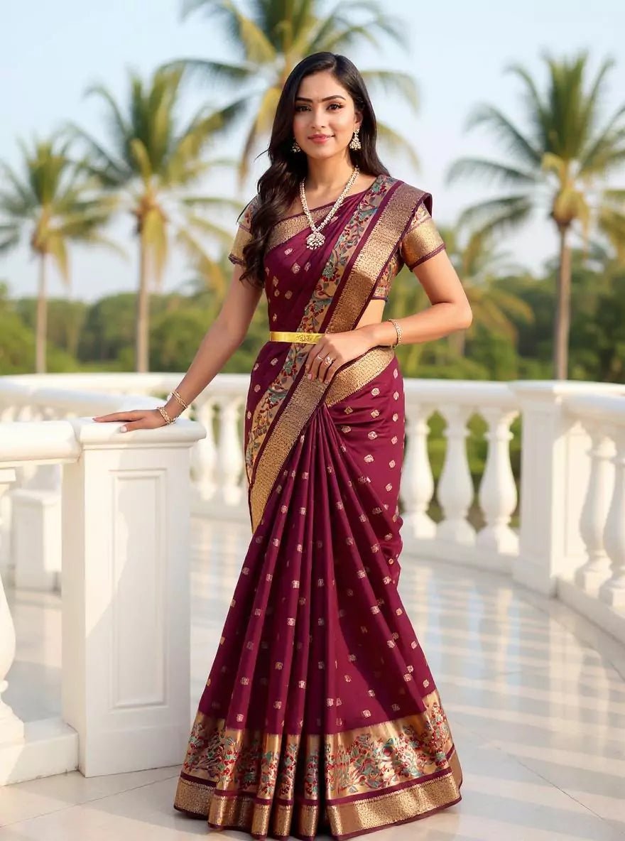 Image of Maroon Raw Self Paisely Butti's Banaras Silk Saree with Meenakari Border - South India Shopping Mall