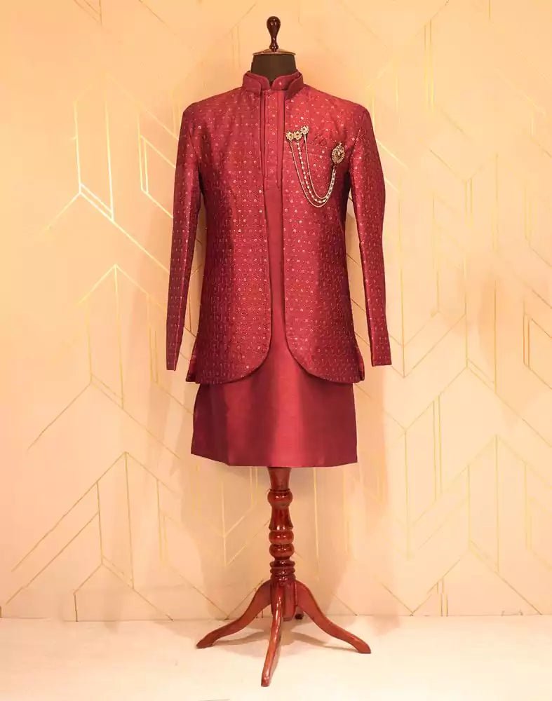Image of Maroon Raw Silk Kurta Jacket Set with Embellished Work - South India Shopping Mall