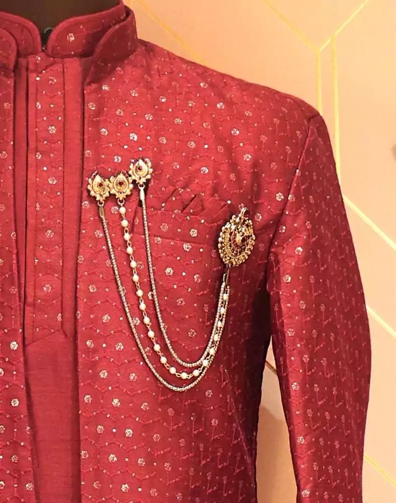 Image of Maroon Raw Silk Kurta Jacket Set with Embellished Work - South India Shopping Mall