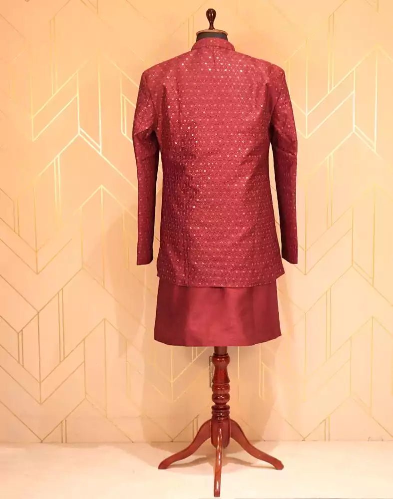 Image of Maroon Raw Silk Kurta Jacket Set with Embellished Work - South India Shopping Mall