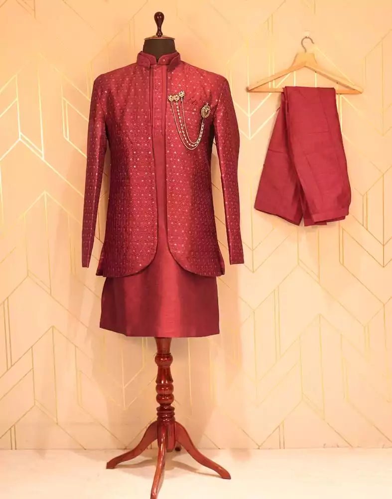 Image of Maroon Raw Silk Kurta Jacket Set with Embellished Work - South India Shopping Mall