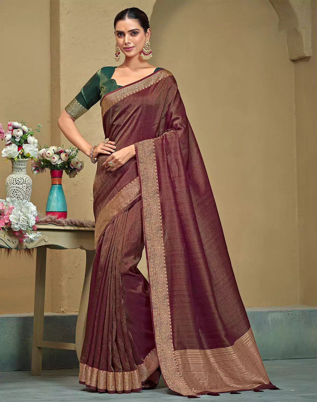 Image of Maroon Raw Silk Saree With Tussels - South India Shopping Mall
