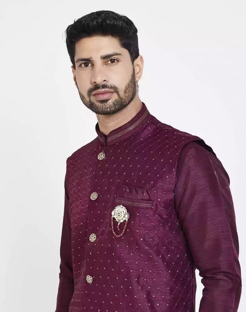 Image of Maroon Raw silk Sequence Work Kurta Set - South India Shopping Mall