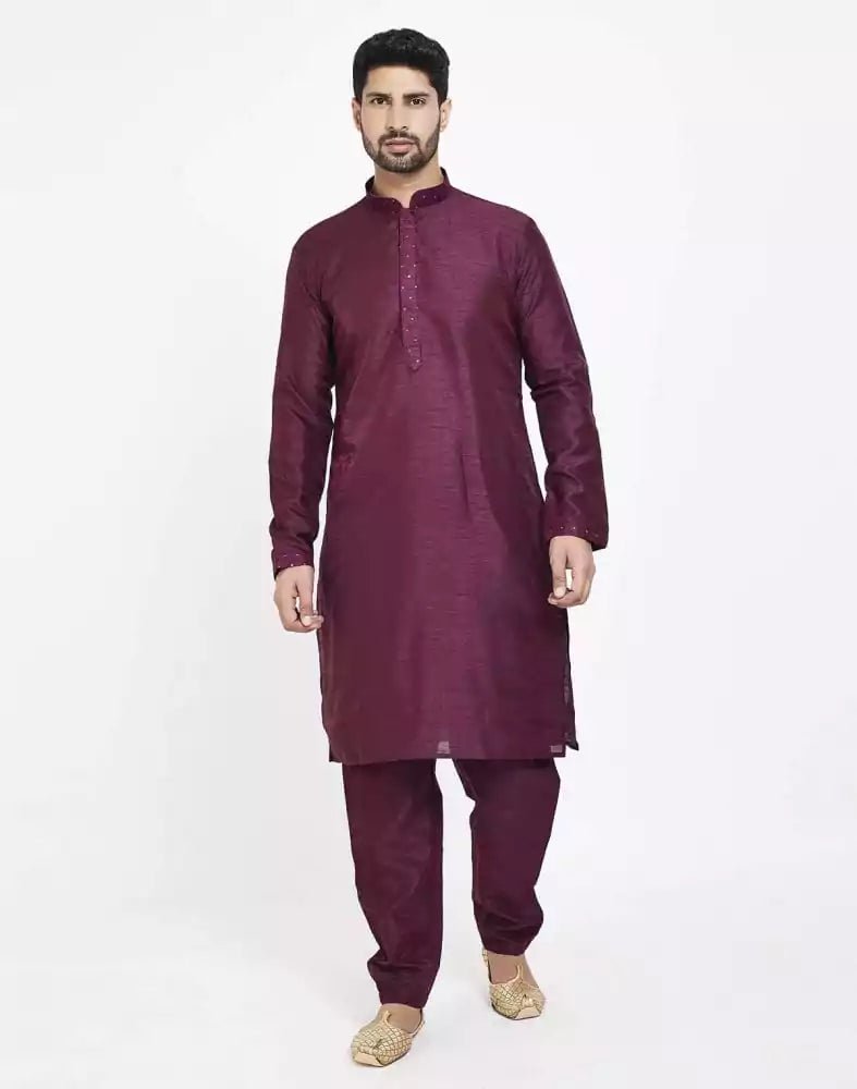 Image of Maroon Raw silk Sequence Work Kurta Set - South India Shopping Mall
