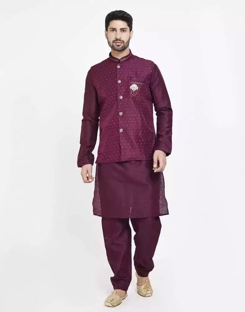 Image of Maroon Raw silk Sequence Work Kurta Set - South India Shopping Mall