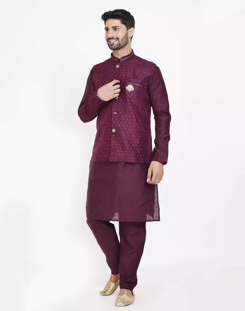 Image of Maroon Raw silk Sequence Work Kurta Set - South India Shopping Mall