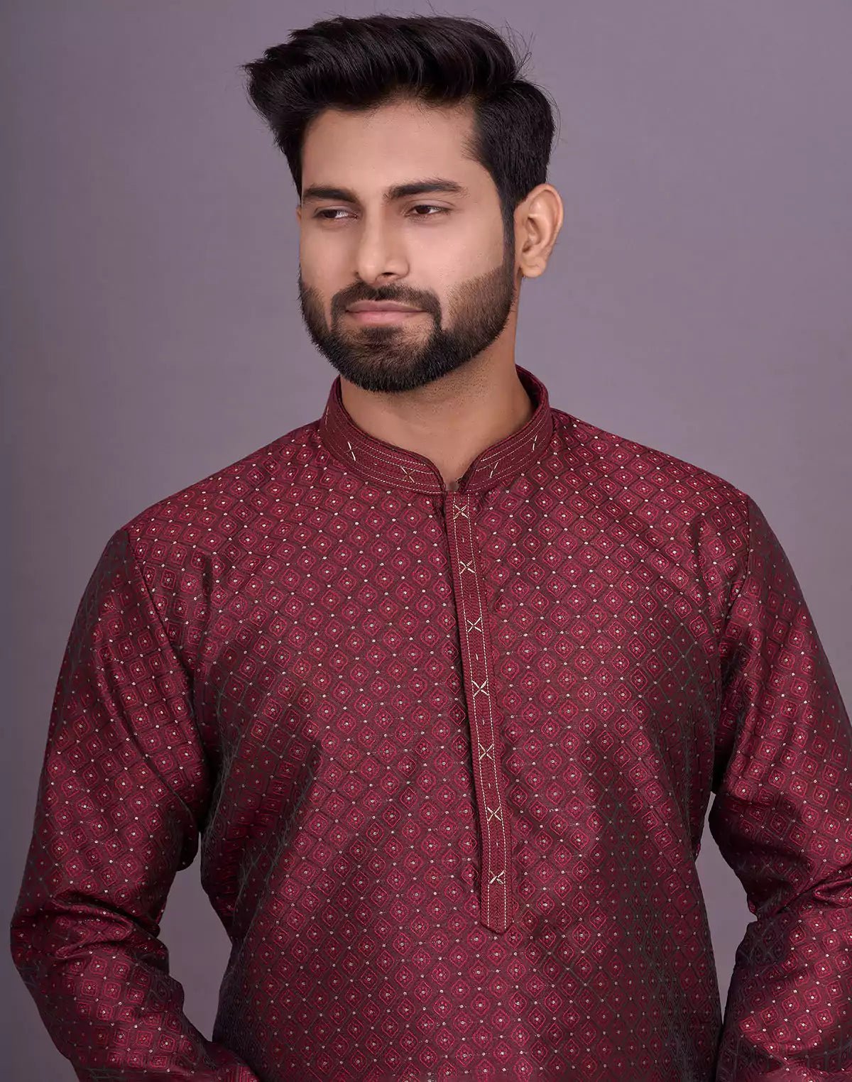 Image of Maroon Self Brocade Jacquard Kurta Pyjama - South India Shopping Mall