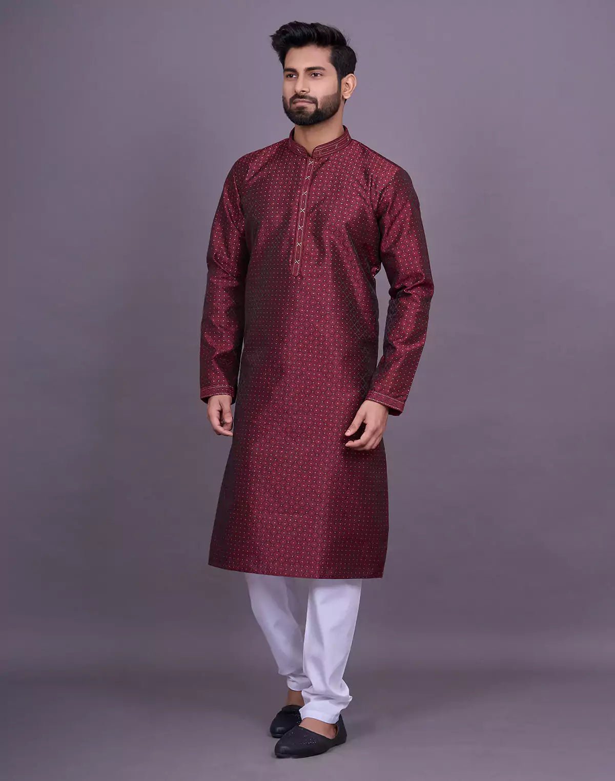 Image of Maroon Self Brocade Jacquard Kurta Pyjama - South India Shopping Mall