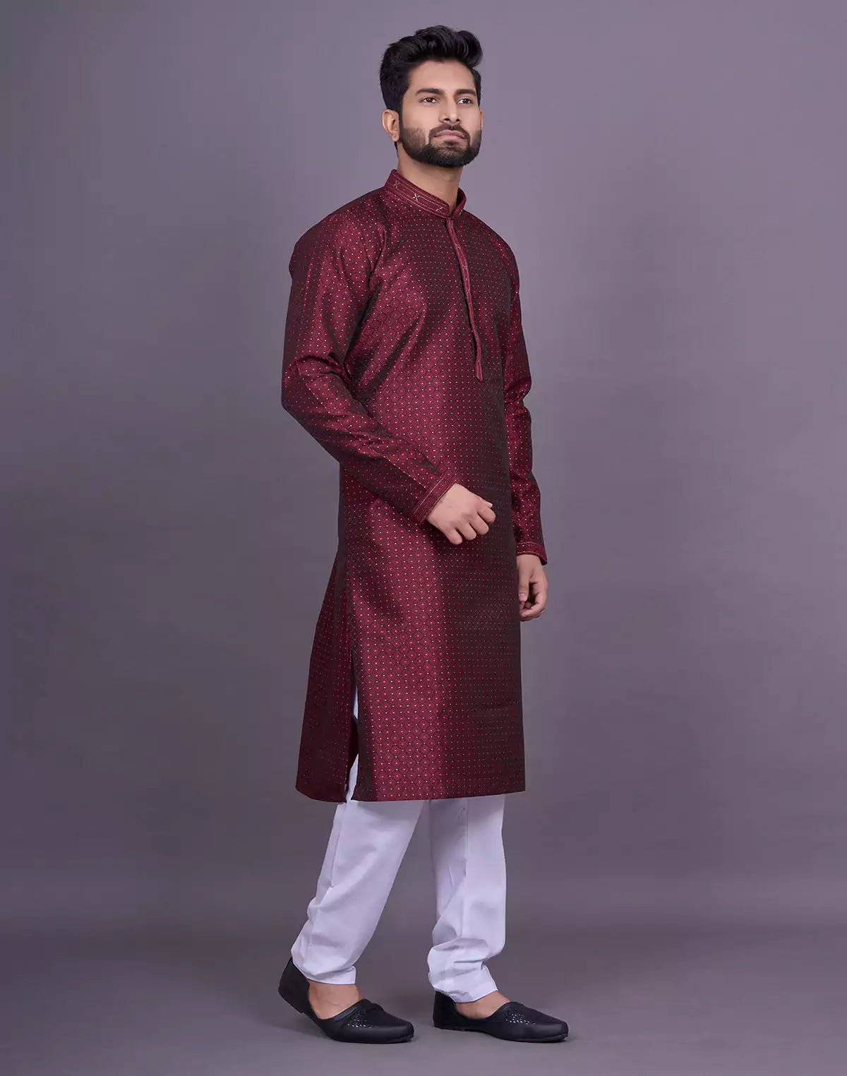 Image of Maroon Self Brocade Jacquard Kurta Pyjama - South India Shopping Mall