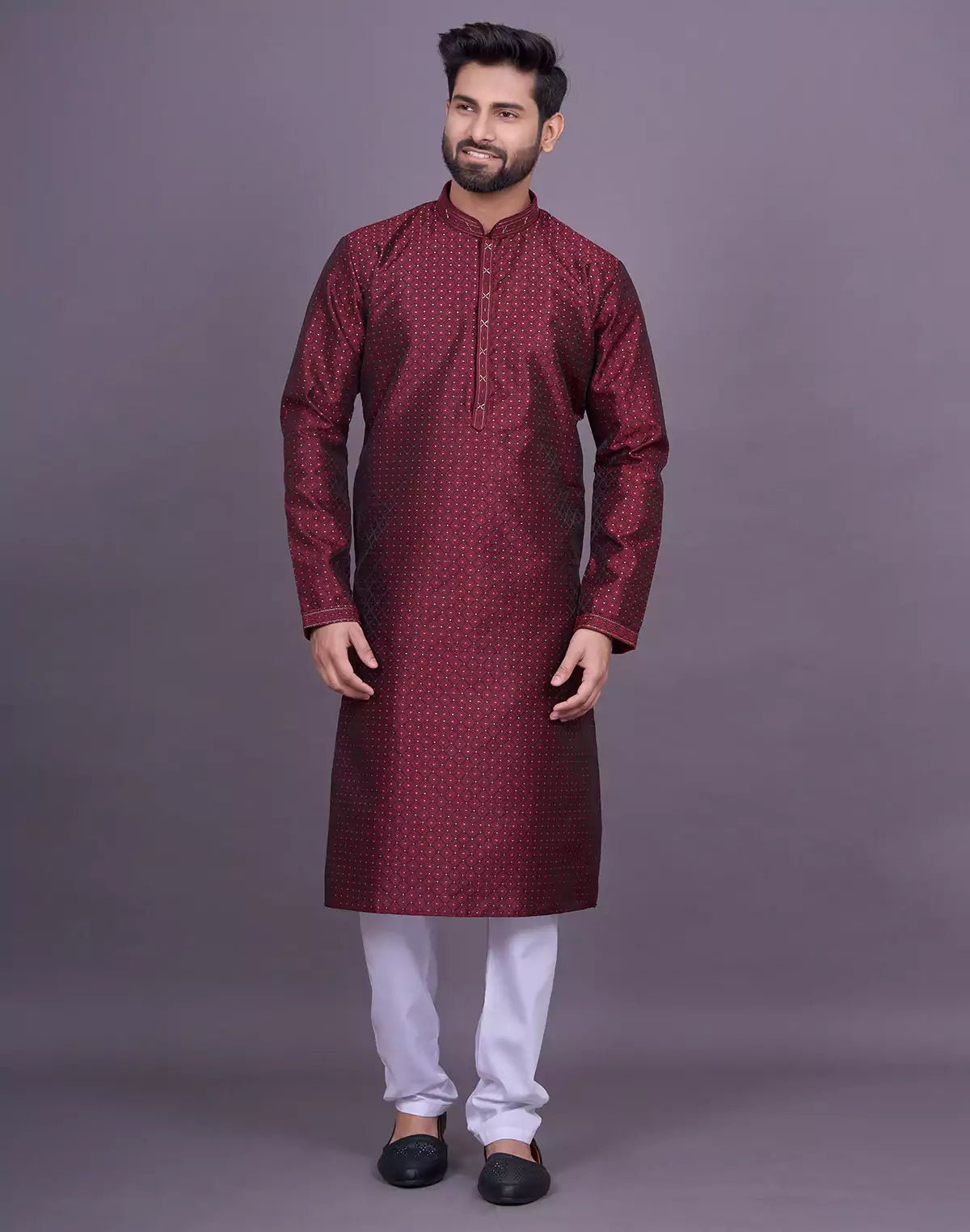 Image of Maroon Self Brocade Jacquard Kurta Pyjama - South India Shopping Mall