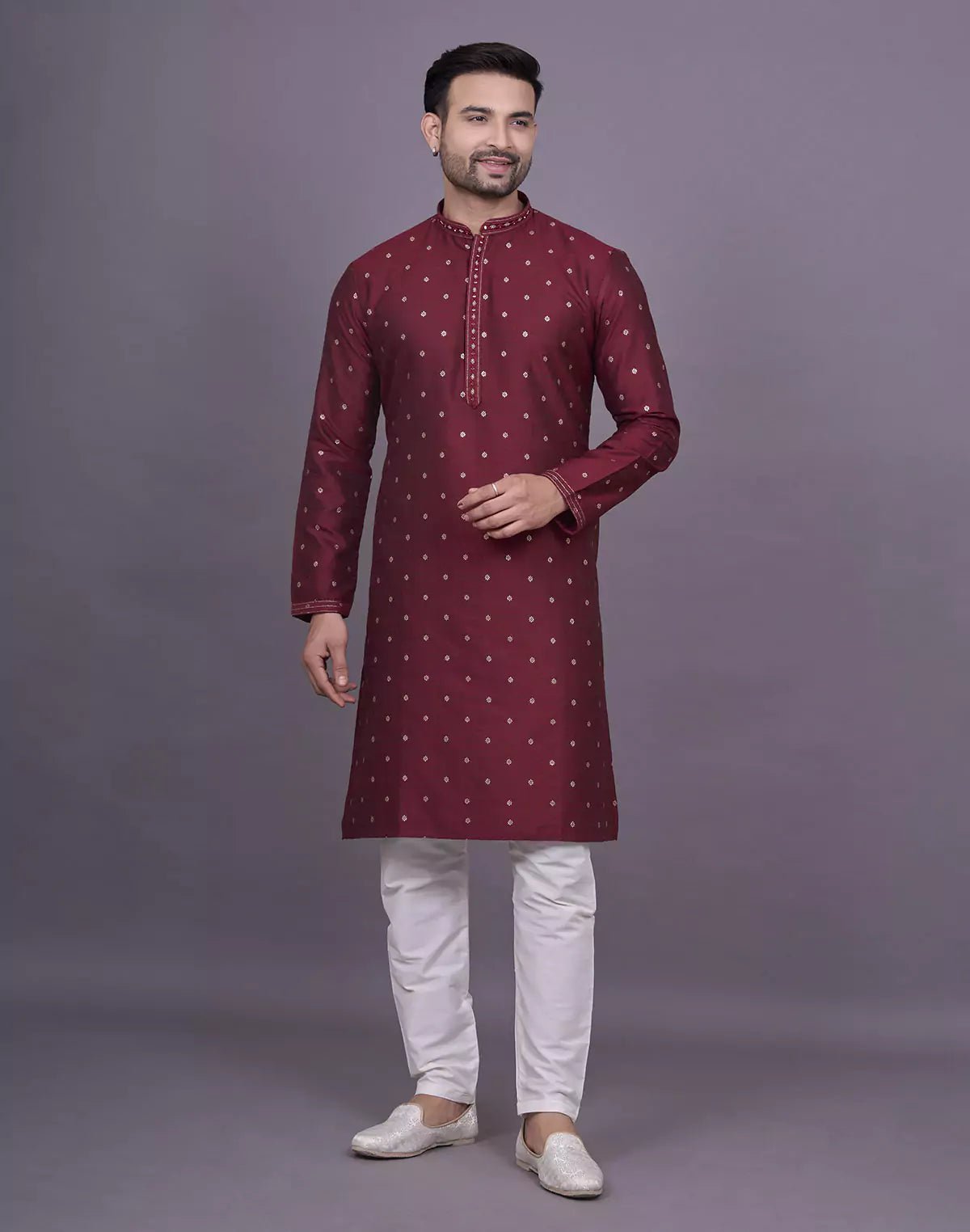 Image of Maroon Self Design with Butta's Jacquard Kurta Set - South India Shopping Mall