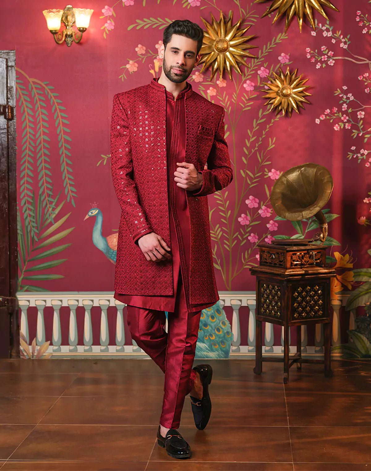 Image of Maroon Self Highlighted Thread with Sequence work Raw Silk Indo Open Jacket - South India Shopping Mall